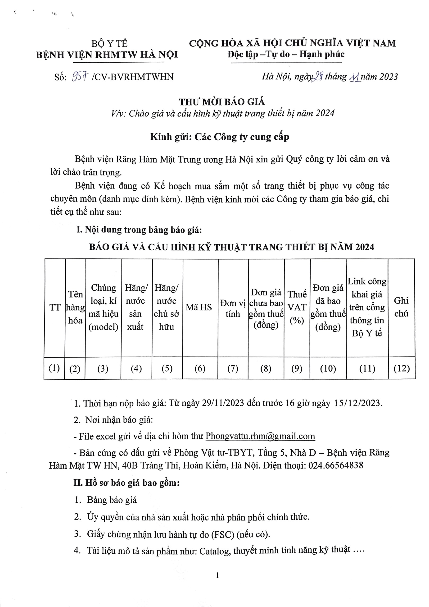 THƯ MỜI BÁO GIÁ THÁNG 11/2023